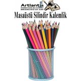 Artlantis Masaüstü Metal Silindir Kalemlik 1 Adet Fileli Perfore Pastel Renkli Kalemlik Kağıtlık Düzenleyici Büro Ofis Okul - Açık Mavi