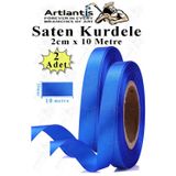 Artlantis Mavi Kurdele Saten 2 Cm 10 Metre 2 Adet Saten Kurdela Parlak Hediye ve Süsleme Şeridi Süs Paketleme Çiçek Saç El