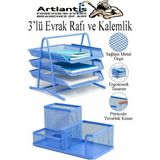 Artlantis Mavi Metal Evrak Rafı 3 Lü ve Masaüstü Kalemlik 1 Paket Masaüstü A4 Dosya 3 Katlı Düzenleyici Kağıt Tepsisi Metal - Standart