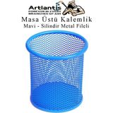 Artlantis Mavi Silindir Masa Üstü Kalemlik 1 Adet Metal Fileli Renkli Perforeli Yuvarlak Kalemlik Ofis Büro Okul - Standart - 9x10cm