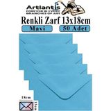 Artlantis Mavi Zarf 13X18 cm 50 Adet Mavi Mektup Zarfı Davetiye Zarfı Kartpostal Çekiliş Hediye Zarfı - 13x18cm - Standart