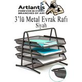 Artlantis Metal Evrak Rafı 3 Lü 1 Paket Masa Üstü A4 Dosya Düzenleyici Kağıt Tepsisi Fileli Üç Katlı Hareketli - Siyah - Standart