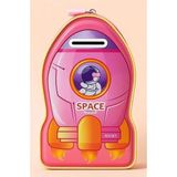 Artlantis Metal Kumbara Roket Anahtarlı 1 Adet Kilitli Astronot Roket Uzay Mekiği Figürlü Kilitli Metal Kumbara 13X19CM - Pembe