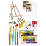 Artlantis Mini Şövale 25x35 2 Li Tuval Fanart 12 Renk Yağlı Boya Başlangıç Seti Fırça Palet Ponpon Su Kabı Masaüstü Sanatsal Çok Renkli