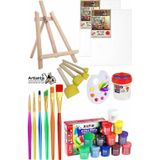 Artlantis Mini Şövale 25x35 2 Li Tuval Fatih 12 Renk Guaj Boya Başlangıç Seti Fırça Palet Ponpon Temizleme Kabı Masaüstü Sanatsal