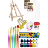 Artlantis Mini Şövale 25x35 2 li Tuval Mydido 6 Renk Akrilik Boya Başlangıç Seti Fırça Palet Ponpon Su Kabı Masaüstü Sanatsal
