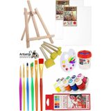 Artlantis Mini Şövale 25x35 2 li Tuval Südor 10 Renk Guaj Boya Başlangıç Seti Fırça Palet Ponpon Su Kabı Masaüstü Sanatsal