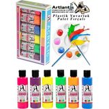 Artlantis Monalisa Akrilik Boya 6 Renk x 70 ml Fosforlu Neon Renkler 1 Paket ve Yuvarlak Resim Paleti Fırçalı 1 Paket 10 Hazneli Boya Paleti Sanatsal Boyalar Için Palet Akrilik Boya