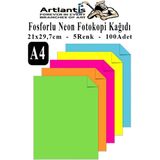 Artlantis Neon Fosforlu Renkli A4 Fotokopi Kağıdı 100 Lü 1 Paket 100 Adet Fosforlu 5 Renk Parlak Canlı Renkler Fotokopi Kağıdı - Standart