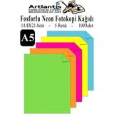 Artlantis Neon Fosforlu Renkli A5 Fotokopi Kağıdı 100 Lü 1 Paket 100 Adet Fosforlu 5 Renk Parlak Canlı Renkler Fotokopi Kağıdı - Standart
