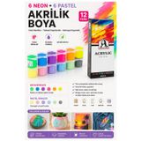 Artlantis Neon ve Pastel Akrilik Boya 12 Renk 1 Paket Monalisa 22 ml 12 li Akrilik Boya Resim Dersi Tuval Ahşap Taş Boya Seti
