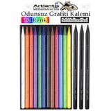Artlantis Odunsuz Grafiti Kalemi 12 Renk ve 3 Siyah 1 Paket Odunsuz Kömür Kalemi Füzen Çizim Eskiz Kalemi Karakalem Kalemi