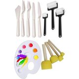 Artlantis Palet Rulo Fırça Ponpon Fırça ve Plastik Spatula 4'lü Set 1 Paket Resim Hobi Sanat Et - Çok Renkli
