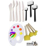 Artlantis Palet Rulo Fırça Ponpon Fırça ve Plastik Spatula 4'lü Set 1 Paket Resim Hobi Sanat Etkinlik Resim Paleti - Standart - Beyaz
