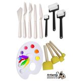 Artlantis Palet Rulo Fırça Ponpon Fırça ve Plastik Spatula 4'lü Set 1 Paket Resim Hobi Sanat Etkinlik Resim Paleti