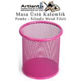 Artlantis Pembe Silindir Masa Üstü Kalemlik 1 Adet Metal Fileli Renkli Perforeli Yuvarlak Kalemlik Ofis Büro O