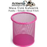 Artlantis Pembe Silindir Masa Üstü Kalemlik 1 Adet Metal Fileli Renkli Perforeli Yuvarlak Kalemlik Ofis Büro Okul - Standart - 9x10cm