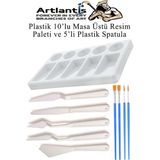 Artlantis Plastik Masa Üstü 10 Hazneli Resim Paleti 5 Li Plastik Spatula ve Resim Fırçası 1 Paket Hobi Sanatsal Esnek Palet Bıçağı - Standart - Beyaz