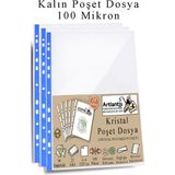 Artlantis Poşet Dosya A4 Kristal 25 Adet Kalın Poşet Dosya Föy Mavi Şeritli 100 Mikron Şeffaf Belge Arşivleme Büro Ofis Okul - 23,6X30,6cm