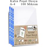 Artlantis Poşet Dosya A4 Kristal 50 Adet Kalın Poşet Dosya Föy Mavi Şeritli 100 Mikron Şeffaf Belge Arşivleme Büro Ofis Okul - 23,6X30,6cm