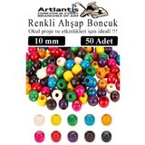 Artlantis Renkli Ahşap Boncuk 10 mm 50 Adet Renkli Tahta Boncuk El İşi Okul Öncesi Kreş Anasınıfı Proje Tasarı