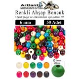 Artlantis Renkli Ahşap Boncuk 6mm 50 li 1 Paket Renkli Ahşap Boyalı Yuvarlak Doğal Boncuklar Saç Takı Tasarım