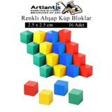 Artlantis Renkli Ahşap Küp Bloklar 2.5x2.5 cm 16 Adet Ahşap Renkli Kare Blok Eğitici Geliştirici Oyuncak Küp M