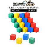 Artlantis Renkli Ahşap Küp Bloklar 3x3 cm 16 Adet Ahşap Renkli Kare Blok Eğitici Geliştirici Oyuncak Küp Matem