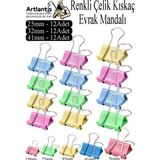 Artlantis Renkli Çelik Kıskaç Klips 25MM 32MM 41MM 36 Adet Evrak Mandalı Renkli Metal Mandal Binder Clips Kıskaç - Çok Renkli