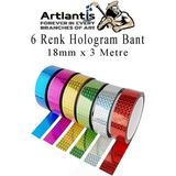 Artlantis Renkli Hologram Bant 6 Renk 1 Paket 18MM x 3 Metre Yaldızlı Metalik Desenli Fosforlu Hologram Bant Hobi Tasarım - Standart