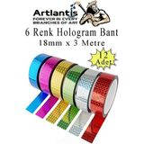 Artlantis Renkli Hologram Bant 6 Renk 12 Adet 18MM x 3 Metre Yaldızlı Metalik Desenli Fosforlu Hologram Bant Hobi Tasarım - Standart
