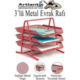 Artlantis Renkli Metal Evrak Rafı 3 Lü 1 Paket Masa Üstü A4 Dosya Düzenleyici Kağıt Tepsisi Metal Fileli Üç Katlı Hareketli Perfore - Kırmızı - Standart