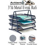 Artlantis Renkli Metal Evrak Rafı 3 Lü 1 Paket Masa Üstü A4 Dosya Düzenleyici Kağıt Tepsisi Metal Fileli Üç Katlı Hareketli Perfore - Lacivert - Standart