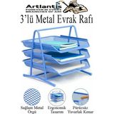 Artlantis Renkli Metal Evrak Rafı 3 Lü 1 Paket Masa Üstü A4 Dosya Düzenleyici Kağıt Tepsisi Metal Fileli Üç Katlı Hareketli Perfore - Mavi - Standart