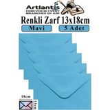 Artlantis Renkli Zarf 13X18 cm 5 Adet Renkli Mektup Zarfı Renkli Davetiye Zarfı Kartpostal Çekiliş Hediye Zarfı - Mavi