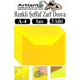Artlantis Sarı A4 Çıtçıtlı Dosya Şeffaf Renkli Zarf Dosya 5 Adet Çıt Çıtlı Dosya Su Geçirmez 100 Yaprak Kapasite - 24x34 cm