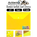 Artlantis Sarı A5 Çıtçıtlı Dosya Şeffaf Renkli Zarf Dosya 5 Adet 17X22 cm Çıt Çıtlı Dosya Su Geçirmez 50 Yaprak Kapasiteli