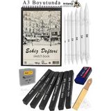 Artlantis Sıkıştırılmış Kömür Füzen ve A3 Eskiz Defteri 1 Paket Siyah Kare Press Kömür Füzen Yassı Çizim Gölgelendirme Grafit - Standart