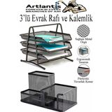 Artlantis Siyah Metal Evrak Rafı 3 Lü ve Masaüstü Kalemlik 1 Paket Masaüstü A4 Dosya 3 Katlı Düzenleyici Kağıt Tepsisi Metal - Standart