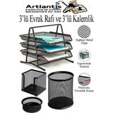 Artlantis Siyah Metal Evrak Rafı 3 Lü ve Masaüstü Kalemlik 3 Lü 1 Paket Masaüstü A4 Dosya 3 Katlı Düzenleyici Kağıt Tepsisi - Standart