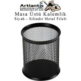 Artlantis Siyah Silindir Masa Üstü Kalemlik 1 Adet Metal Fileli Renkli Perforeli Yuvarlak Kalemlik Ofis Büro Okul - Standart - 9x10cm