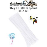 Artlantis Şönil 30 cm 25 Li 1 Paket Renkli Tüylü Tel Okul Öncesi Anasınıfı Kreş Hobi Eğitici Şönil Pipo Temizleyici Tüylü Tel - Beyaz