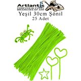 Artlantis Şönil 30 cm 25 Li 1 Paket Renkli Tüylü Tel Okul Öncesi Anasınıfı Kreş Hobi Eğitici Şönil Pipo Temizleyici Tüylü Tel - Yeşil