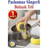 Artlantis Süngerli Bulaşık Teli Ovma Teli 1 Adet Pratik Sünger Toptel Sürtme Teli Lavabo Mutfak Banyo Temizlik Teli Sert Yüzey - Sarı - Standart