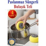 Artlantis Süngerli Bulaşık Teli Ovma Teli 4 Adet Pratik Sünger Toptel Sürtme Teli Lavabo Mutfak Banyo Temizlik Teli Sert Yüzey - Sarı - Standart