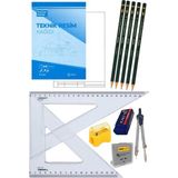 Artlantis Teknik Resim Seti 12 Parça 1 Paket Teknik Resim Defteri Gönye Dereceli Kalem Metal Pergel Silgi Kalemtraş Hamur Silgi - Beyaz - Standart - A-4