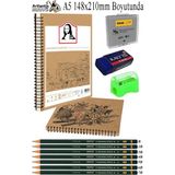 Artlantis Telli A5 Kraft Eskiz Defteri Spiralli 50 Yaprak Karakalem Çizim Seti Fatih Dereceli Kalem Yandan Açmalı Sketch Pad Sigi - 148x210mm