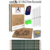 Artlantis Telli A5 Kraft Eskiz Defteri Spiralli 50 Yaprak Karakalem Çizim Seti Sketch Pad Gölgelendirme Dereceli Kalem Yandan Açma - 148x210mm
