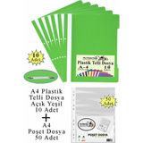 Artlantis Telli Dosya Plastik A4 10 Lu ve Poşet Dosya 50 Li 1 Paket Ekonomik Şeffaf Kapak Telli Dosya Okul Büro Ofis - Açık Yeşil
