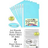Artlantis Telli Dosya Plastik A4 10 Lu ve Poşet Dosya 50 Li 1 Paket Ekonomik Şeffaf Kapak Telli Dosya Okul Büro Ofis - Pastel Mavi
